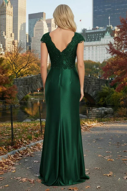Cap Sleeve Beaded Lace Satin Mermaid Prom Dress with Twist Waist | Sevoba