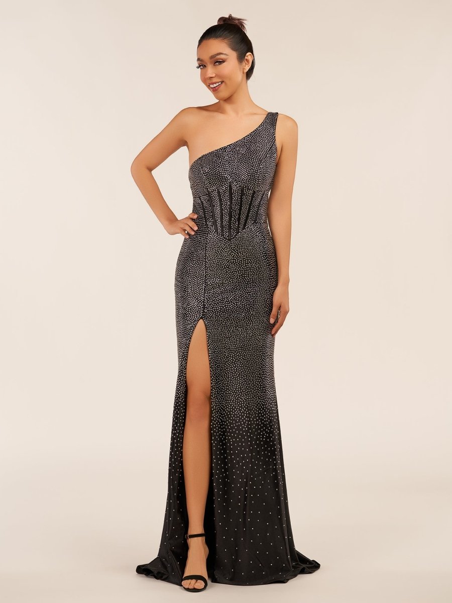 Eluned | Black One Shoulder Sheath Beaded Prom Dress With Split