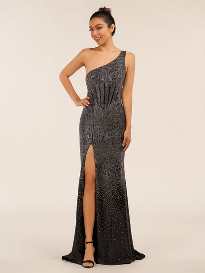 Eluned | Black One Shoulder Sheath Beaded Prom Dress With Split