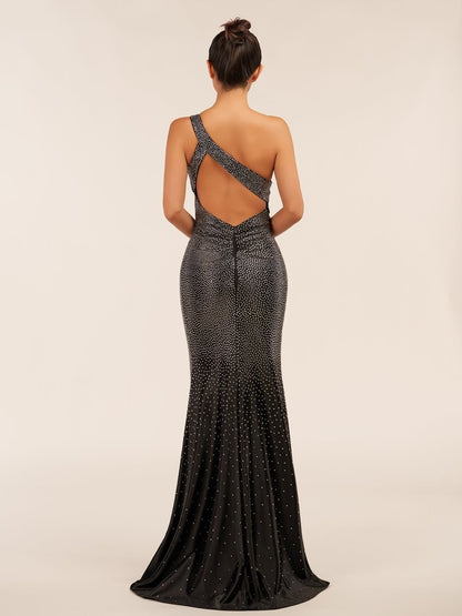 Sevoba|Black One Shoulder Sheath Beaded Prom Dress With Split