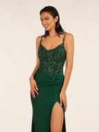 Rafenild | Green V Neck Beading Satin Long Slit Prom Dresses