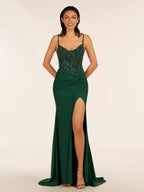 Rafenild | Green V Neck Beading Satin Long Slit Prom Dresses