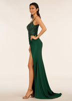 Rafenild | Green V Neck Beading Satin Long Slit Prom Dresses
