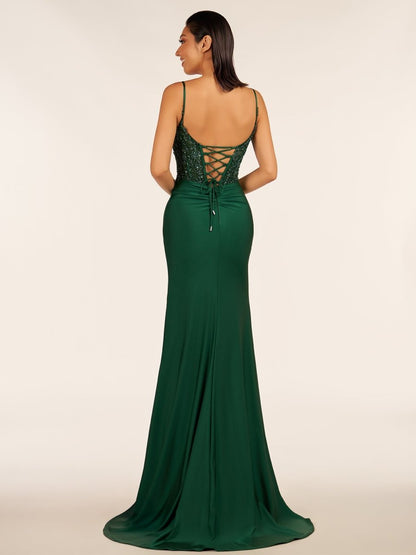 Rafenild | Green V Neck Beading Satin Long Slit Prom Dresses