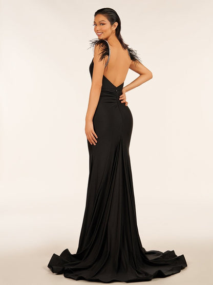 Stephanie |Mermaid Backless Jersey Prom Dress with Feathers