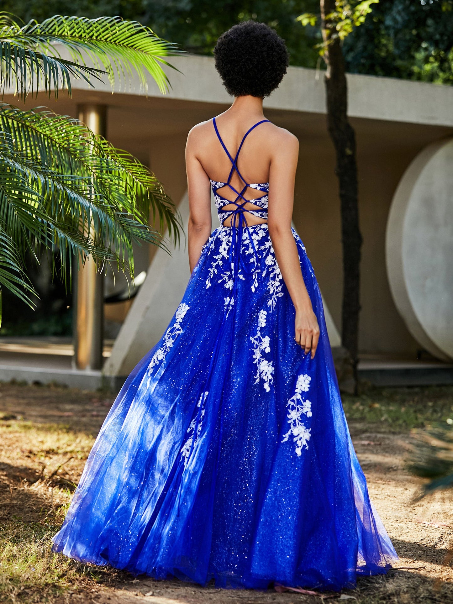 Sevoba | Lace Applique High Slit Tulle Dress Royal Blue