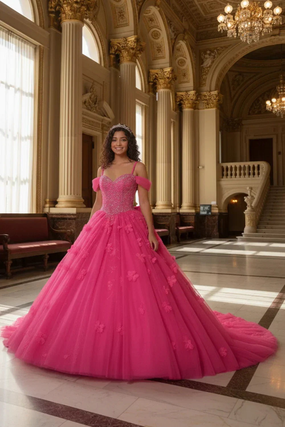 Young woman in a pink ball gown quinceañera dress with 3D flowers and lace, standing in an elegant hall.