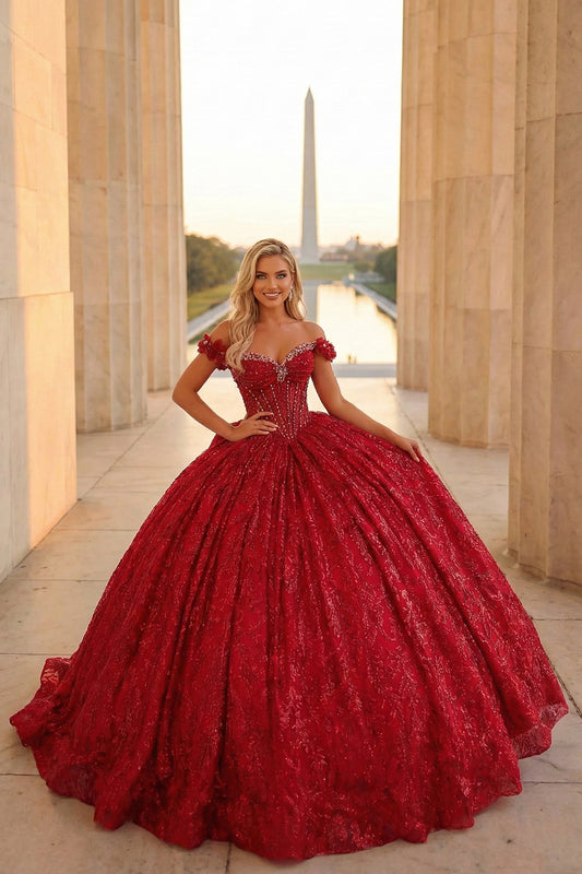 Charming Ball Gown Cold Shoulder Quinceañera Dress With Gold Accents and Bow | Sevoba
