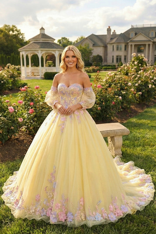 Charming Ball Gown Cold Shoulder With Sheer Long Sleeve Quinceañera Dress With Floral Lace | Sevoba