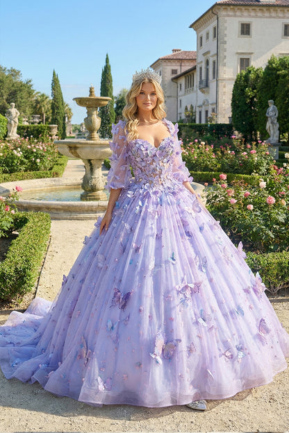 Charming Ball Gown Illusion Long Sleeves Quinceañera Dress With 3D Butterfly | Sevoba