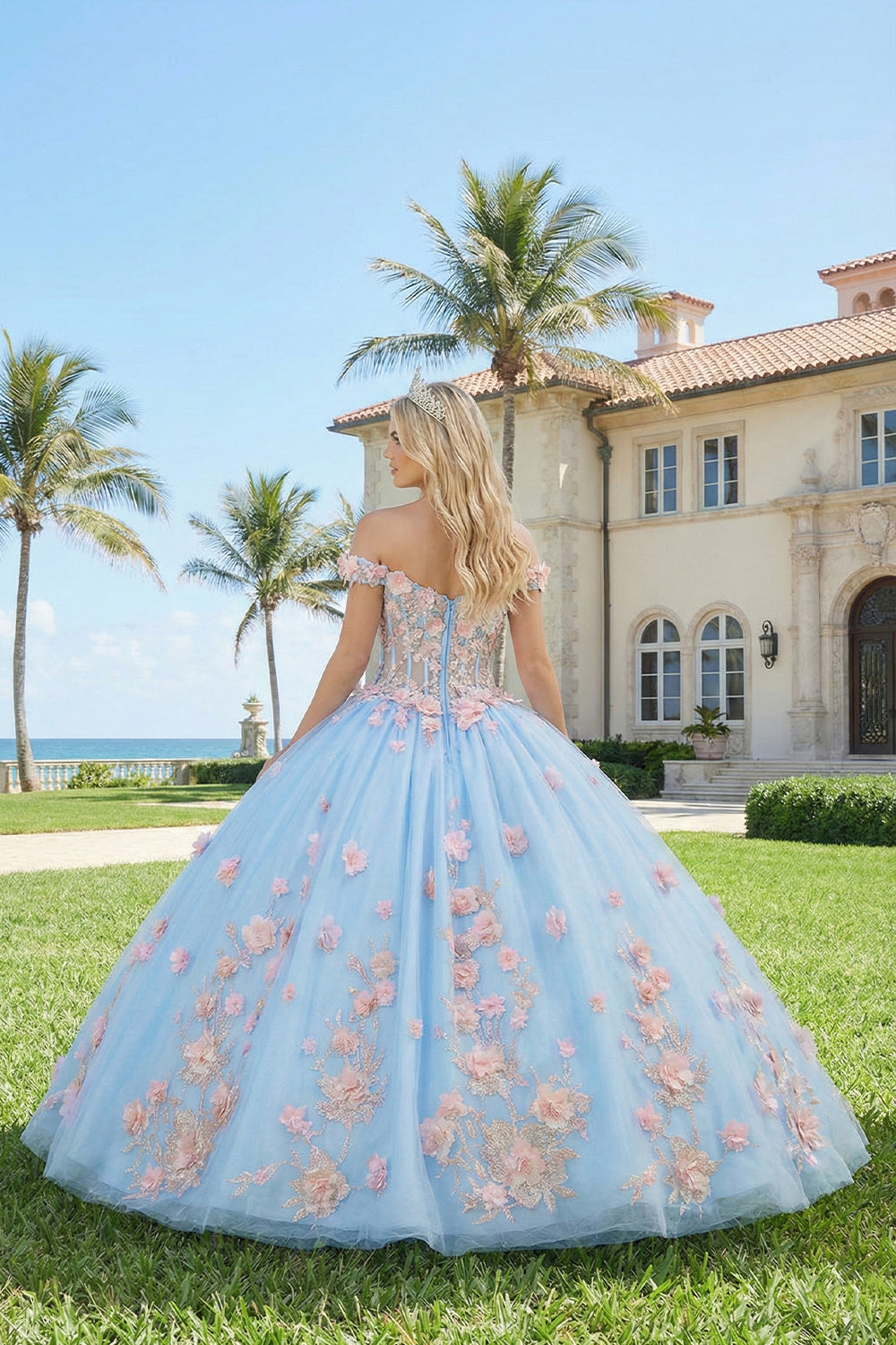 Charming Ball Gown Illusion Neck Quinceañera Dress With 3D Floral & Lace | Sevoba