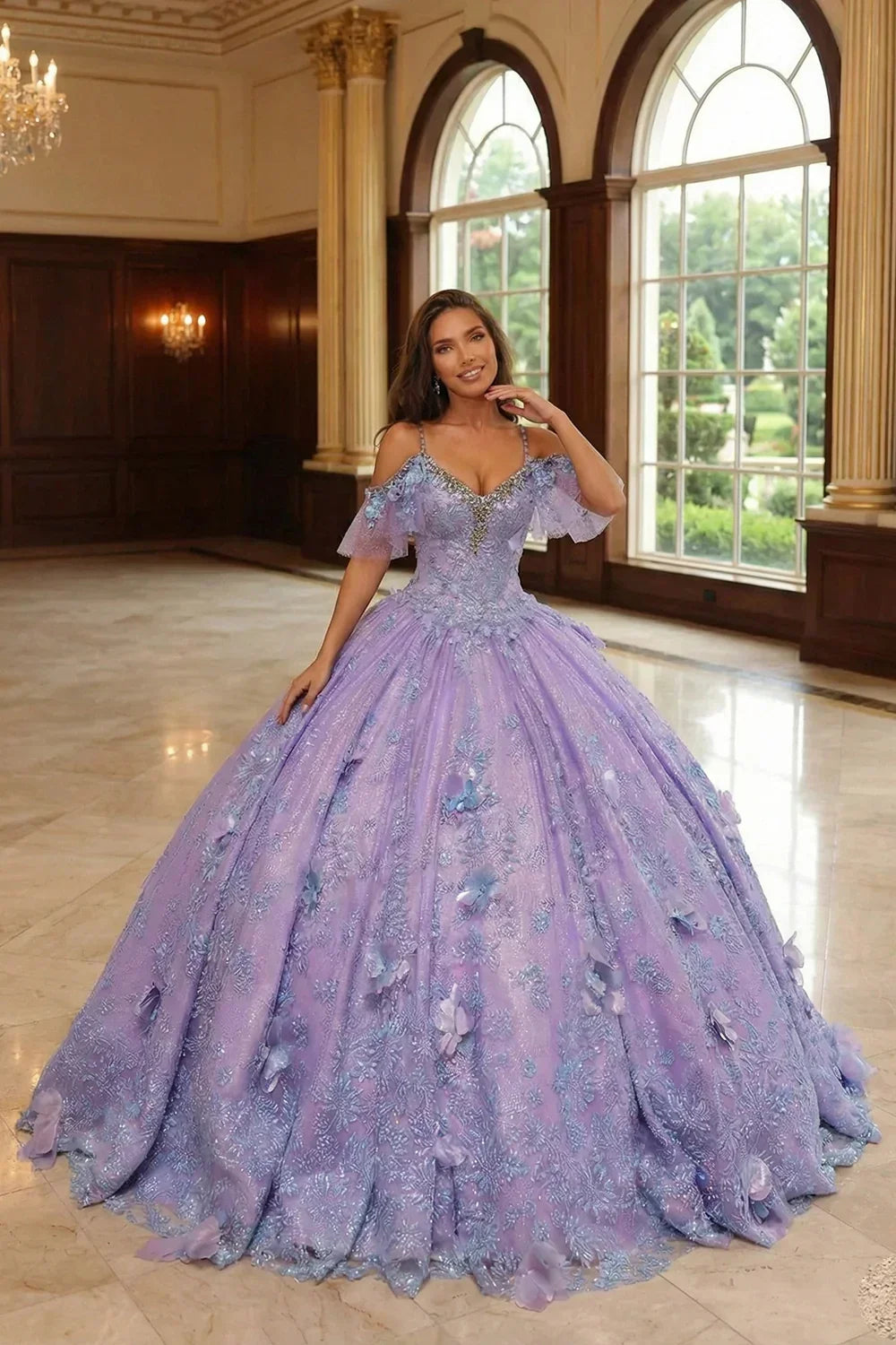 Woman in a purple ball gown with 3D butterfly appliques and embroidery in elegant hall