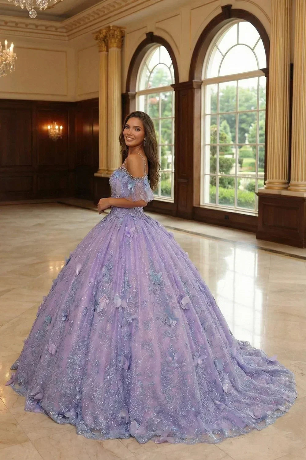 Woman in a lavender ball gown with 3D butterfly details and embroidery in an elegant hall