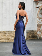Sevoba | Diamand Corset Stretch Satin Maxi Dress Dark Navy