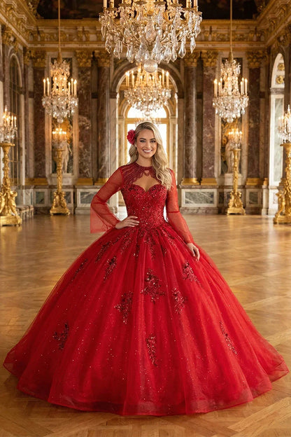 Woman in a red tulle quinceañera ball gown with lace and floral details in an elegant hall