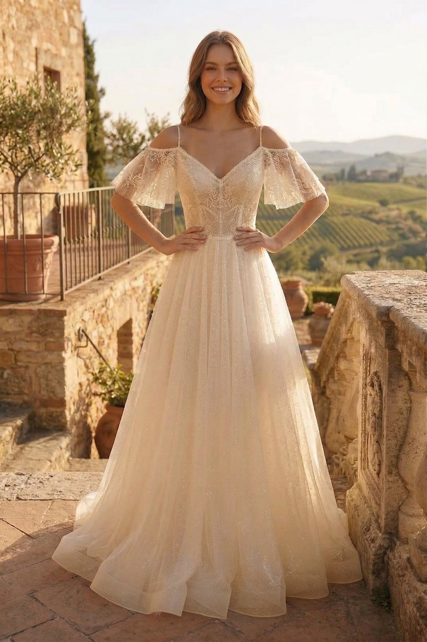 Cold-Shoulder Lace A-Line Wedding Dress with Flutter Sleeves | Sevoba