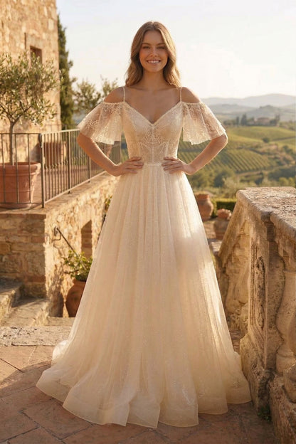 Cold-Shoulder Lace A-Line Wedding Dress with Flutter Sleeves | Sevoba