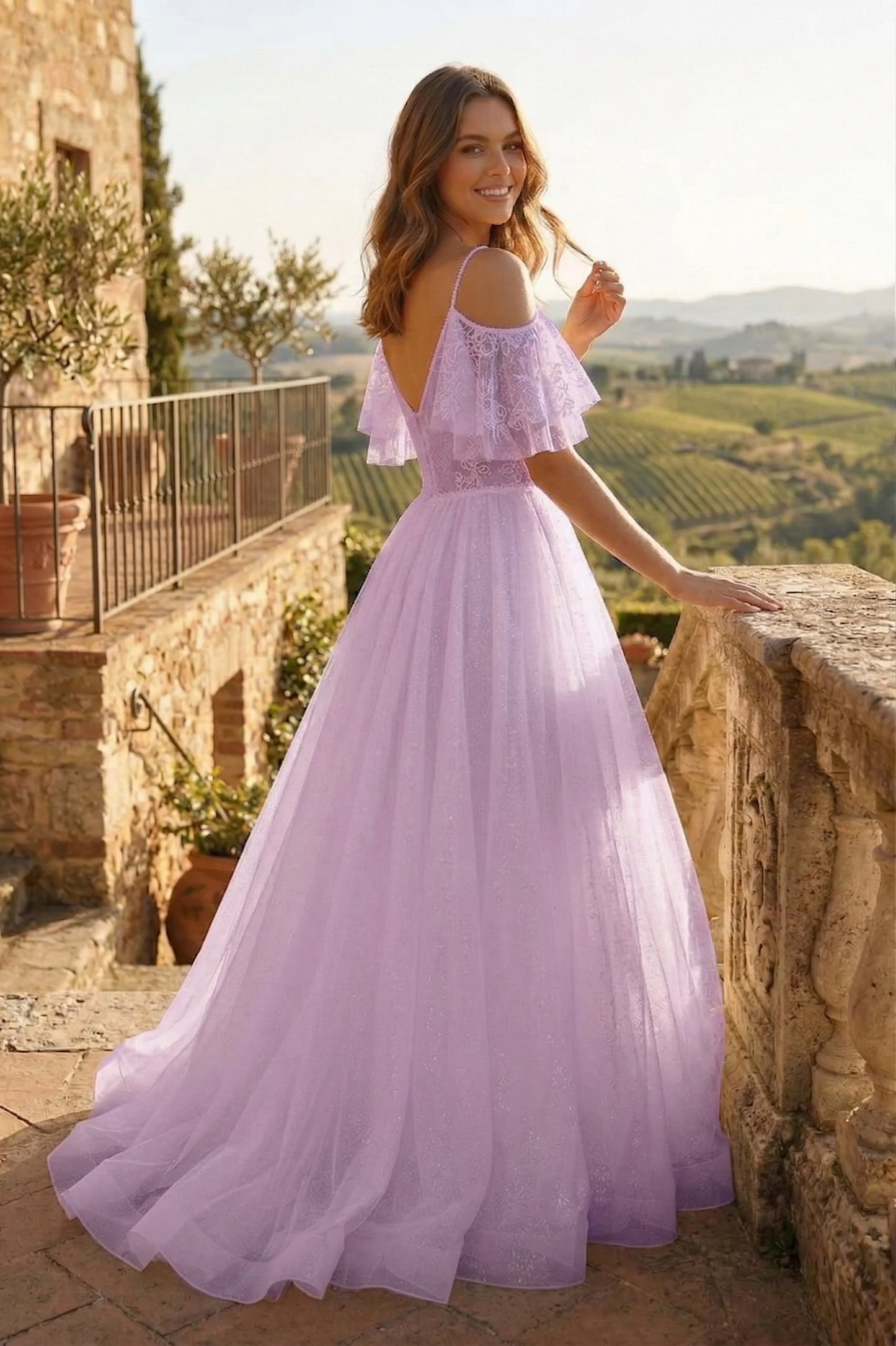 Cold-Shoulder Lace A-Line Wedding Dress with Flutter Sleeves | Sevoba