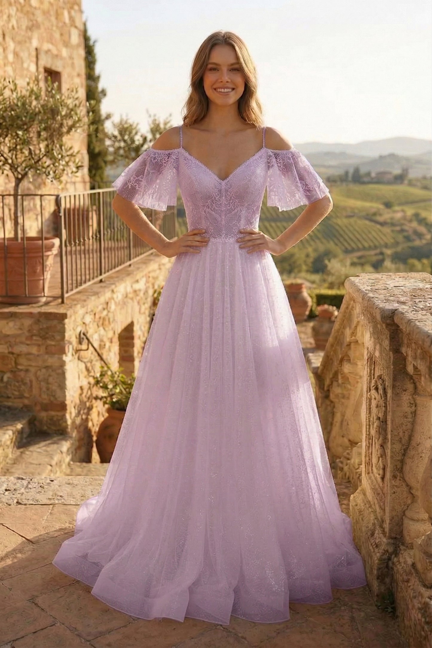 Cold-Shoulder Lace A-Line Wedding Dress with Flutter Sleeves | Sevoba