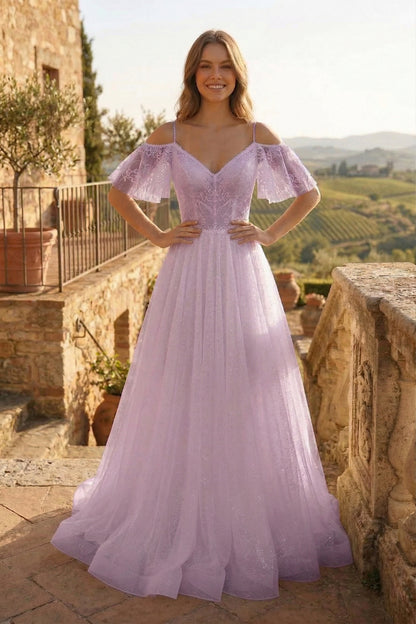 Cold-Shoulder Lace A-Line Wedding Dress with Flutter Sleeves | Sevoba
