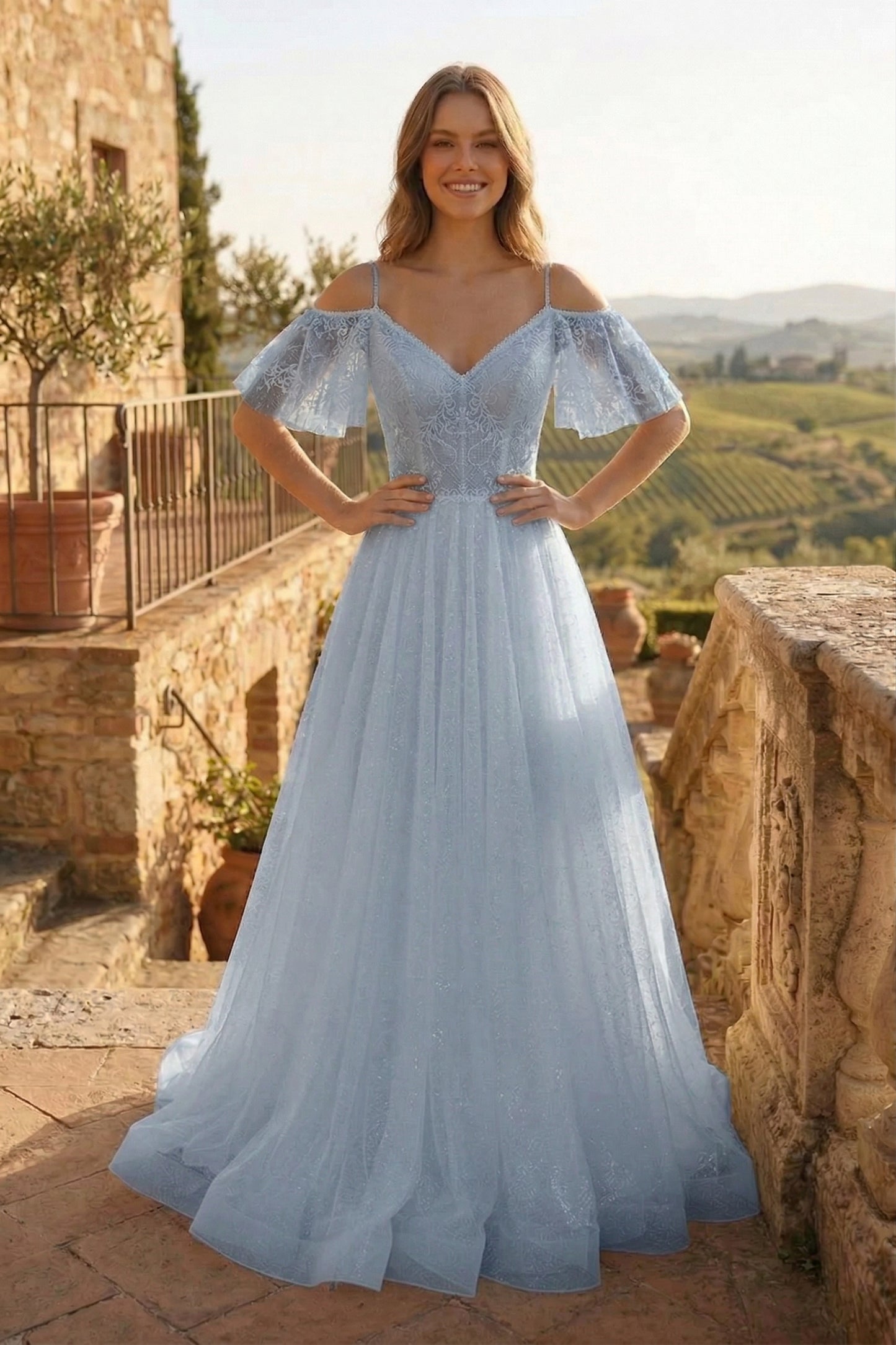 Cold-Shoulder Lace A-Line Wedding Dress with Flutter Sleeves | Sevoba