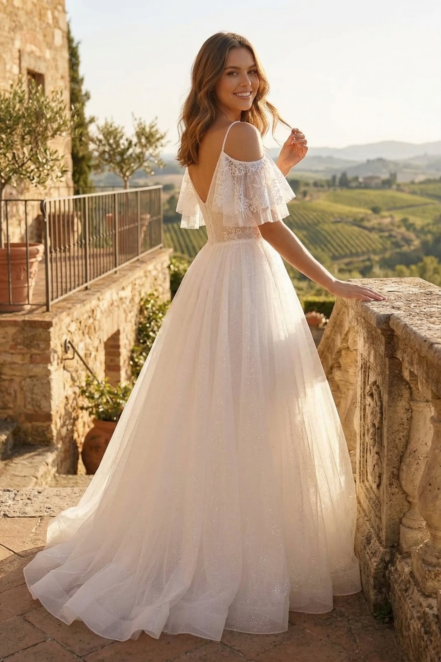 Cold-Shoulder Lace A-Line Wedding Dress with Flutter Sleeves | Sevoba