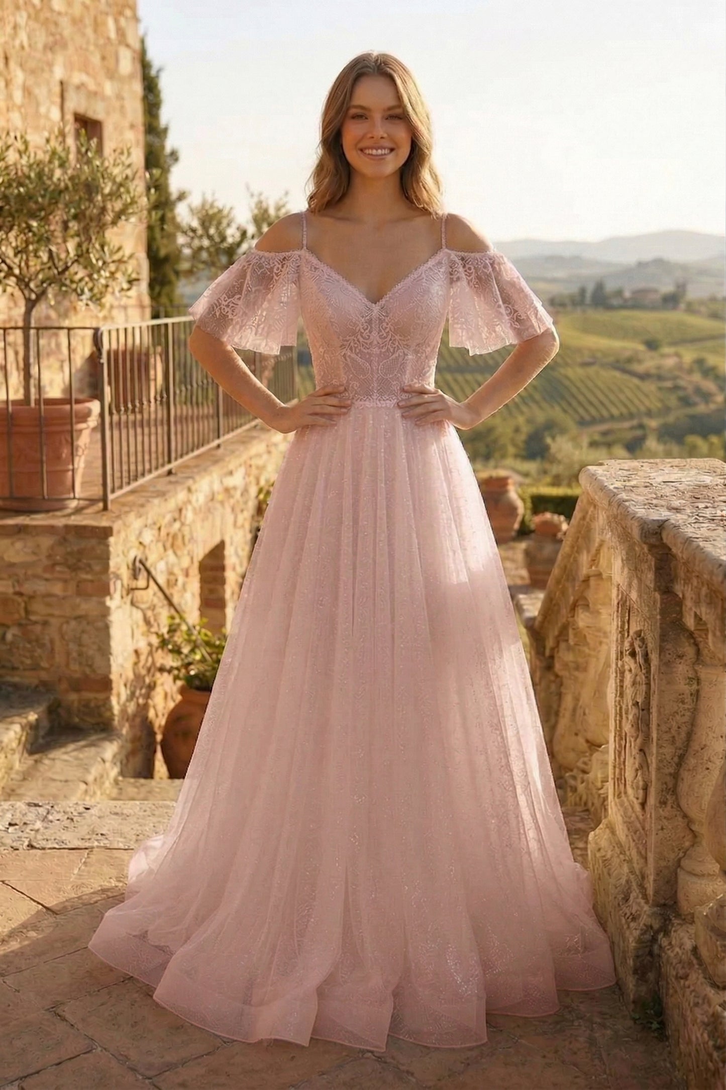 Cold-Shoulder Lace A-Line Wedding Dress with Flutter Sleeves | Sevoba