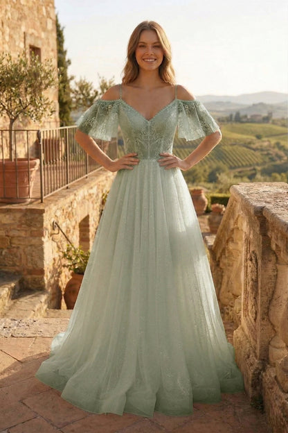 Cold-Shoulder Lace A-Line Wedding Dress with Flutter Sleeves | Sevoba