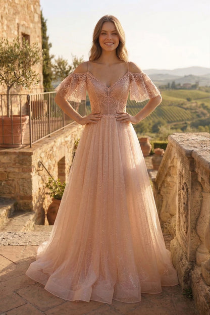 Cold-Shoulder Lace A-Line Wedding Dress with Flutter Sleeves | Sevoba