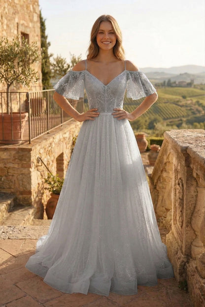Cold-Shoulder Lace A-Line Wedding Dress with Flutter Sleeves | Sevoba