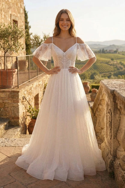 Cold-Shoulder Lace A-Line Wedding Dress with Flutter Sleeves | Sevoba