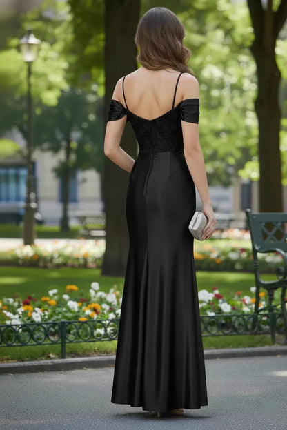 Cold Shoulder Lace Applique Satin Prom Dress with Slit | Sevoba