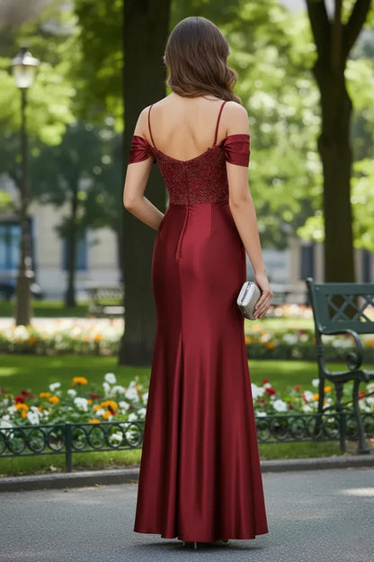 Cold Shoulder Lace Applique Satin Prom Dress with Slit | Sevoba