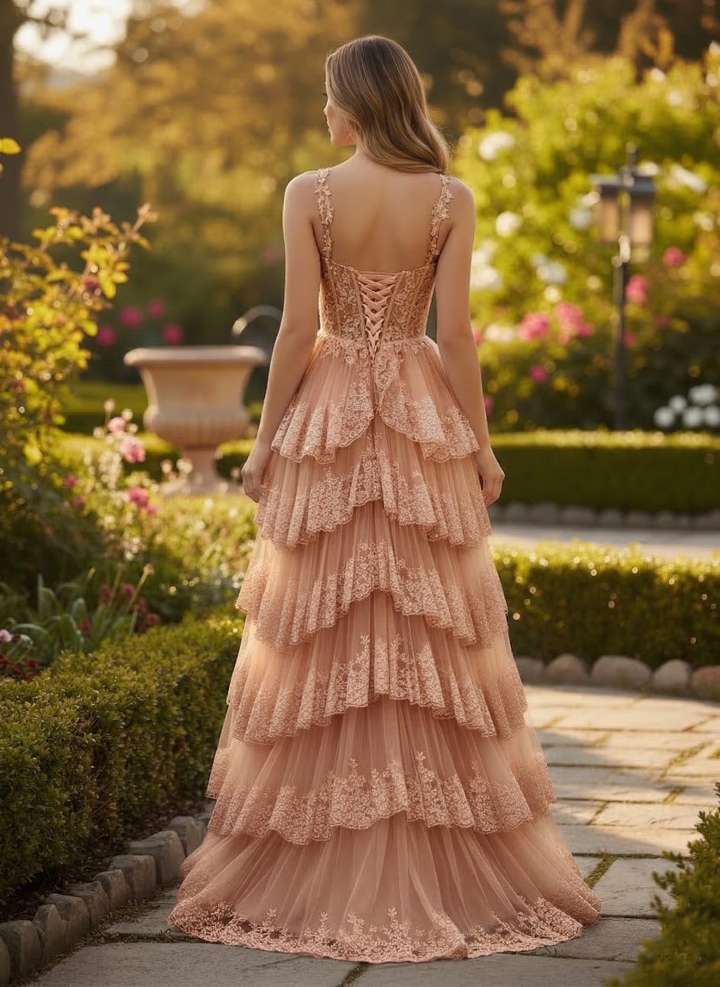 Corset Lace Tiered Ruffle Tulle Prom Dress with Slit | Sevoba