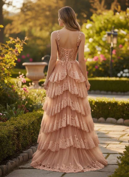 Corset Lace Tiered Ruffle Tulle Prom Dress with Slit | Sevoba