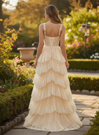 Corset Lace Tiered Ruffle Tulle Prom Dress with Slit | Sevoba