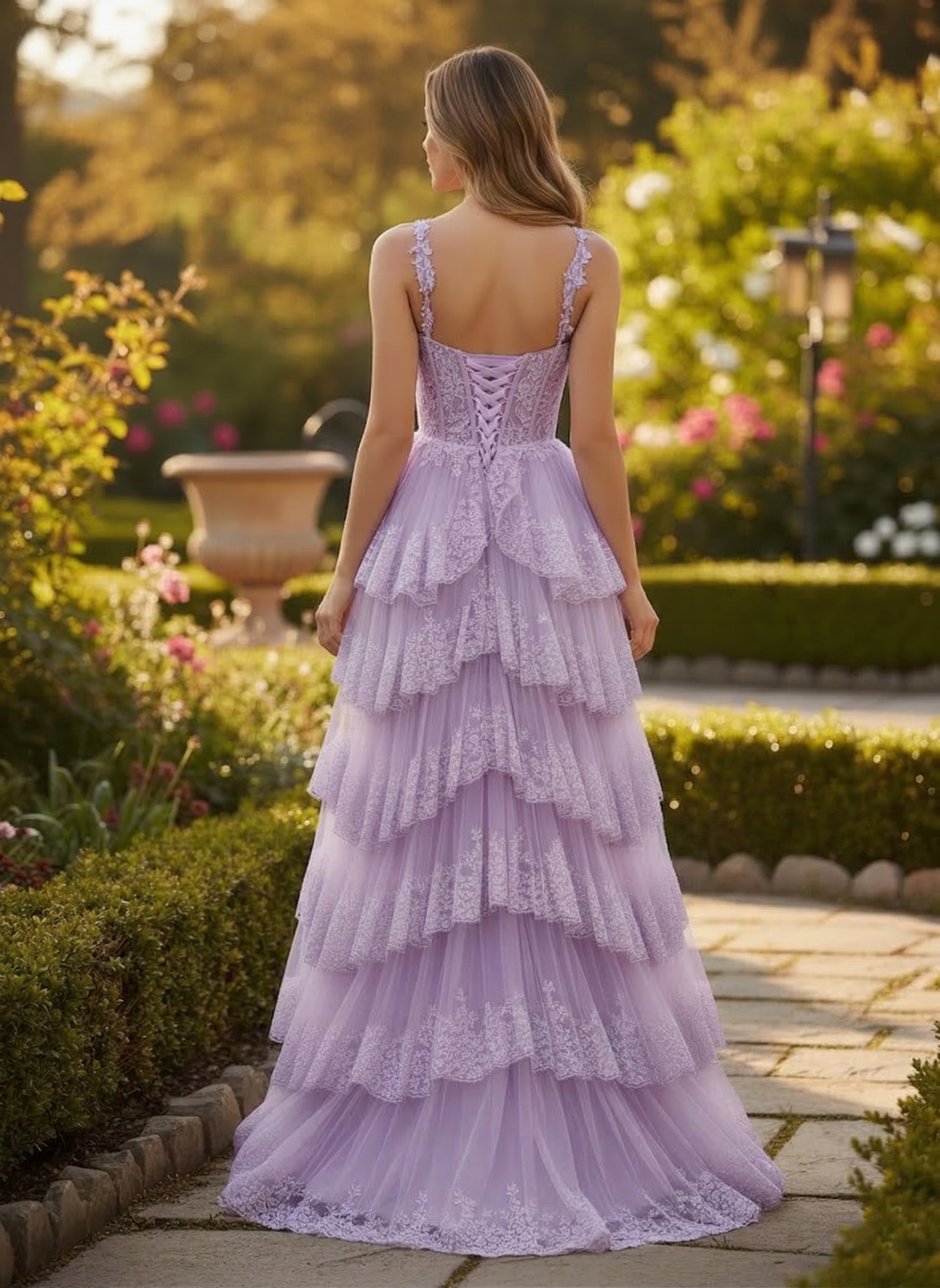 Corset Lace Tiered Ruffle Tulle Prom Dress with Slit | Sevoba