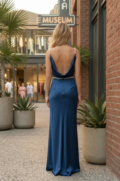 Cowl Neck Beaded Strap Satin Prom Dress with Low Back | Sevoba