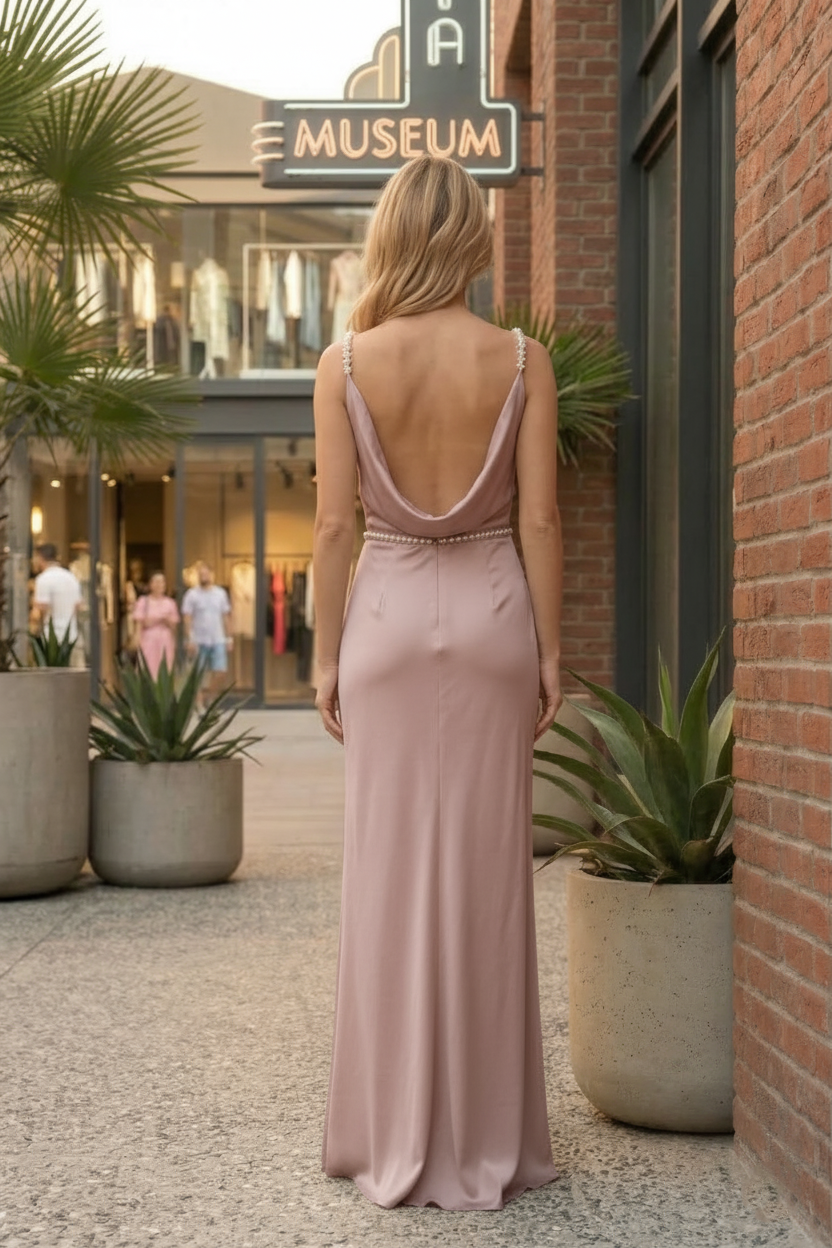 Cowl Neck Beaded Strap Satin Prom Dress with Low Back | Sevoba