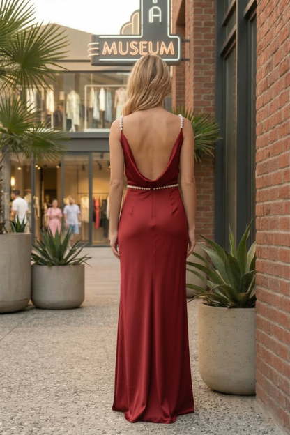 Cowl Neck Beaded Strap Satin Prom Dress with Low Back | Sevoba
