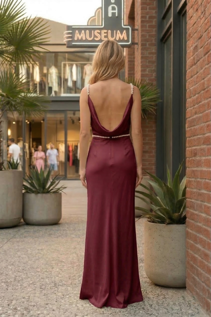 Cowl Neck Beaded Strap Satin Prom Dress with Low Back | Sevoba
