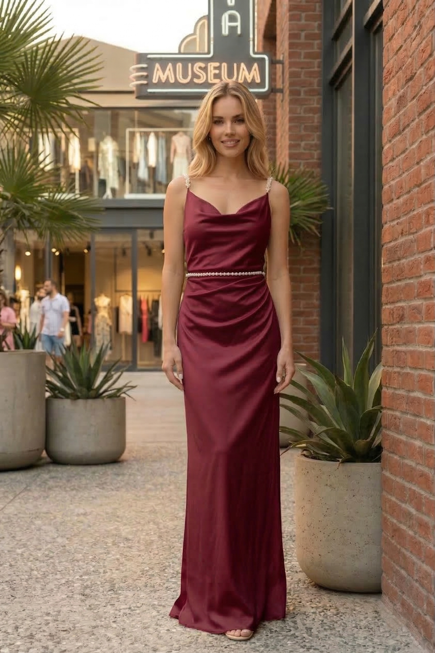 Cowl Neck Beaded Strap Satin Prom Dress with Low Back | Sevoba