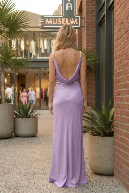 Cowl Neck Beaded Strap Satin Prom Dress with Low Back | Sevoba