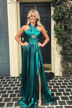 Peacock Blue Halter Neck A-Line Long Prom Dress With Split