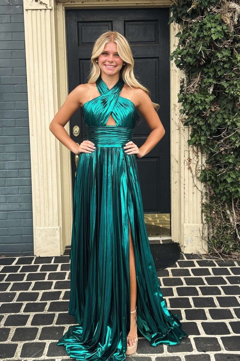 Peacock Blue Halter Neck A-Line Long Prom Dress With Split