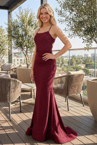 Crystal-Studded Open-Back Mermaid Prom Dress with Ruched Hips | Sevoba