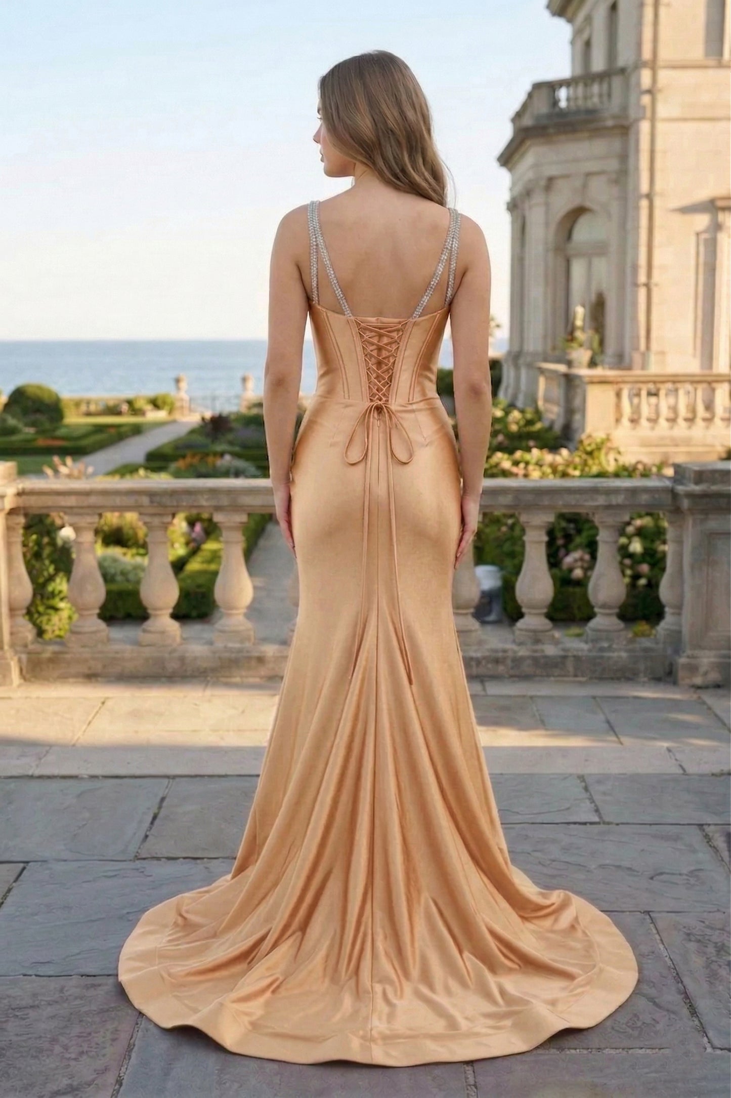Crystal Strap Corset Mermaid Satin Prom Dress with Sweep Train | Sevoba