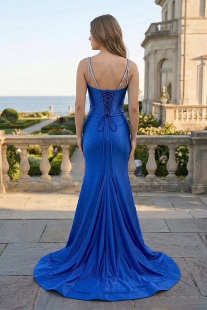 Crystal Strap Corset Mermaid Satin Prom Dress with Sweep Train | Sevoba