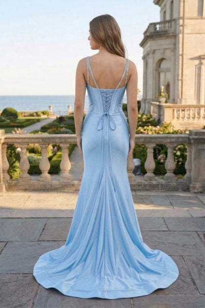Crystal Strap Corset Mermaid Satin Prom Dress with Sweep Train | Sevoba