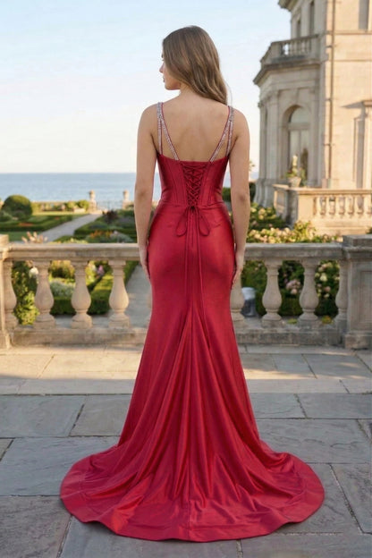 Crystal Strap Corset Mermaid Satin Prom Dress with Sweep Train | Sevoba